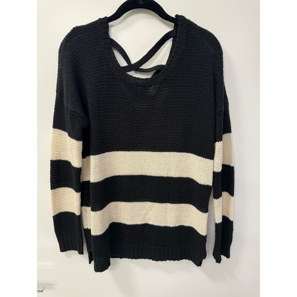 Olive & Oak Sweater Ivory & Black Striped Criss Cross Back Size Medium - Picture 4 of 9